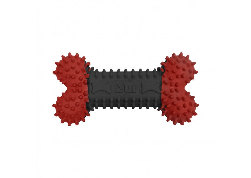Hilltop Pet Food DURable Natural Rubber Chew Toy in black and red, with textured bumps on both ends.