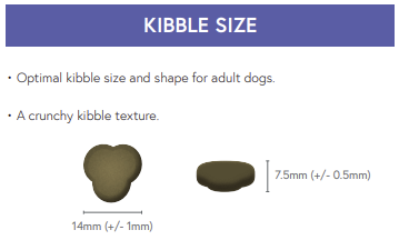 Diagram: Hilltop Super Premium Turkey & Rice kibble—14mm wide, 7.5mm thick, crunchy for digestive health.