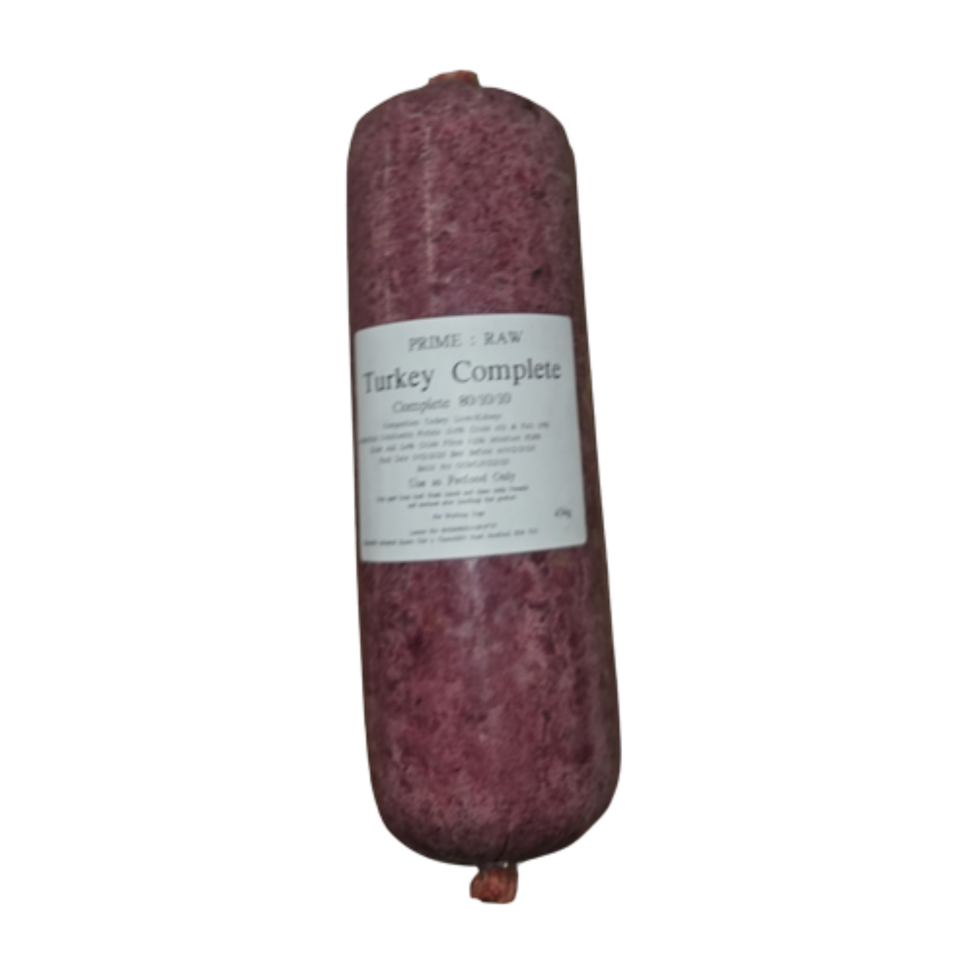 A roll of Hilltop Pet Food Prime:Raw - Turkey Complete, turkey with bone, in a white-labeled package.